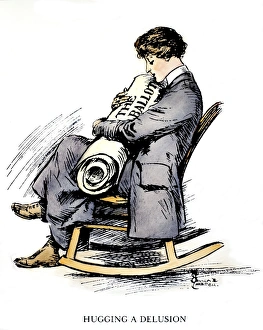 WOMEN'S SUFFRAGE CARTOON. Hugging a Delusion. American cartoon comment by Laura Foster, 1915 WOMEN'S SUFFRAGE CARTOON. Hugging a Delusion. American cartoon comment by Laura Foster, 1915