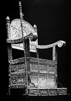 Wood-framed throne covered with carved ivory plates depicting scenes from mythology Wood-framed throne covered with carved ivory plates depicting scenes from mythology