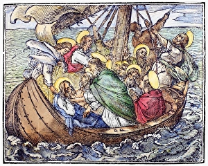 Woodcut illustration of Christ and the Apostles during the storm on the Sea of Galilee (Mark 4:38) Woodcut illustration of Christ and the Apostles during the storm on the Sea of Galilee (Mark 4:38)