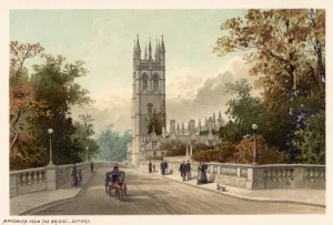 Prints of OXFORD: MAGDALEN COLLEGE. A view of Magdalen College, Oxford, from the Magdalen Bridge. Lithograph, c1885 Oxford Prints: Magdalen College Print: A view from the Magdalen Bridge
