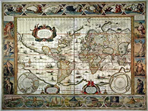 WORLD MAP, 1635. By Willem Janszoon Blaeu, with two polar insets in the body of the map WORLD MAP, 1635. By Willem Janszoon Blaeu, with two polar insets in the body of the map