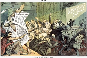 The Writing on the Wall. American lithograph cartoon by Joseph Keppler, 1884, depicting prominent Republicans at a modern-day Belshazzars feast, which has been thrown into an uproar over the rejection by many party members of their reputedly corrupt presidential nominee, James G. Blaine (standing at left) The Writing on the Wall. American lithograph cartoon by Joseph Keppler, 1884, depicting prominent Republicans at a modern-day Belshazzars feast, which has been thrown into an uproar over the rejection by many party members of their reputedly corrupt presidential nominee, James G. Blaine (standing at left)