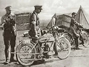 WWI: CARRIER PIGEONS. British motorcyclists taking carrier pigeons to front line