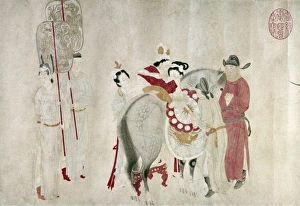 Yang Kuei-fei, concubine of Emperor Ming Huang (712-756), mounting a horse Yang Kuei-fei, concubine of Emperor Ming Huang (712-756), mounting a horse