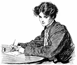 A young woman writing a letter. Pen-and-ink drawing by Charles Dana Gibson, c1900