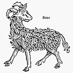 ZODIAC: ARIES, 1482. Aries, the ram. Zodiacal woodcut from Gaius Julius Hyginus ZODIAC: ARIES, 1482. Aries, the ram. Zodiacal woodcut from Gaius Julius Hyginus