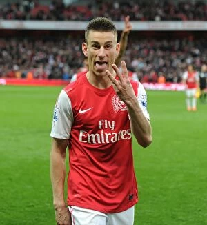 Images Dated 8th April 2012: Arsenal's Koscielny Celebrates Victory Over Manchester City, 2011-12 Premier League