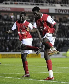 Images Dated 28th April 2008: Emmanuel Adebayor celebrates scoring his 2nd and Arsenals 5th goal of the match with Emmanuel Eboue