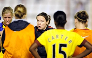 Laura Harvey the Arsenal Ladies Manager holds post match debreif on the pitch Laura Harvey the Arsenal Ladies Manager holds post match debreif on the pitch