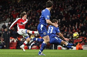 Tomas Rosicky scores Arsenal's 2nd goal under pressure from Lucas Neill (Everton) Tomas Rosicky scores Arsenal's 2nd goal under pressure from Lucas Neill (Everton)