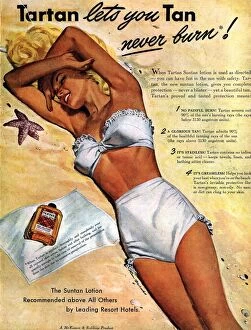 Images Dated 14th February 2004: 1940s USA tartan suntans sunbathing lotions swim suits swimwear swimming costumes