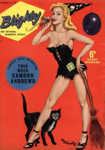 1950s UK Glamour Print Featuring Pin-Ups, Witches, and Black Cats
