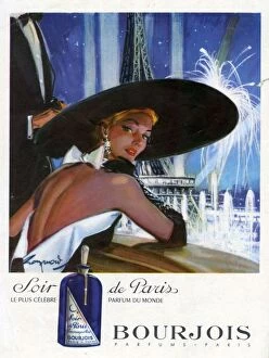 Advertising Collection: Bourjois 1951 1950s France womens up hats Paris Eiffel Tower Soir de Paris