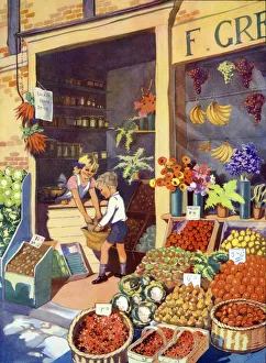 Infant School Illustrations 1950s UK grocers greengrocers fruit vegetables Enid Blyton Infant School Illustrations 1950s UK grocers greengrocers fruit vegetables Enid Blyton