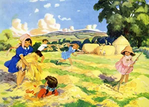 Infant School Illustrations 1950s UK playing harvesting harvesters making hay farming Infant School Illustrations 1950s UK playing harvesting harvesters making hay farming