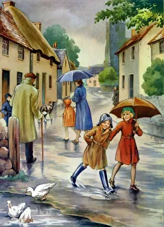 Infant School Illustrations 1950s UK raining umbrellas Enid Blyton winter weather Infant School Illustrations 1950s UK raining umbrellas Enid Blyton winter weather