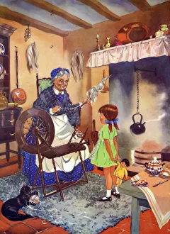 Infant School Illustrations 1950s UK spinning wheels grandmothers cats wool Enid Infant School Illustrations 1950s UK spinning wheels grandmothers cats wool Enid