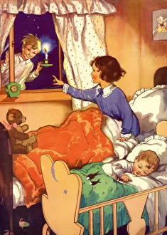 Infant School Illustrations 1950s UK Wee Willie Winkie sleeping bedtime nursery rhymes Infant School Illustrations 1950s UK Wee Willie Winkie sleeping bedtime nursery rhymes