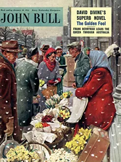 John Bull 1954 1950s UK flowers stalls snowing shopping markets winter cold weather John Bull 1954 1950s UK flowers stalls snowing shopping markets winter cold weather