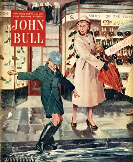 John Bull 1954 1950s UK mothers sons raining puddles umbrellas shopping wet weather John Bull 1954 1950s UK mothers sons raining puddles umbrellas shopping wet weather