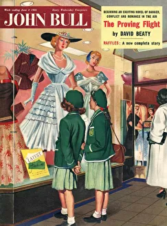 John Bull 1956 1950s UK schoolgirls window shopping womens magazines clothing clothes John Bull 1956 1950s UK schoolgirls window shopping womens magazines clothing clothes
