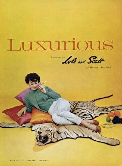 Images Dated 11th November 2008: Lyle and Scott 1950s UK womens knitwear woman tiger skin rugs