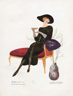Woman Drinking Tea 1921 1920s Spain cc drinking tea afternoon furniture chaise longue Woman Drinking Tea 1921 1920s Spain cc drinking tea afternoon furniture chaise longue