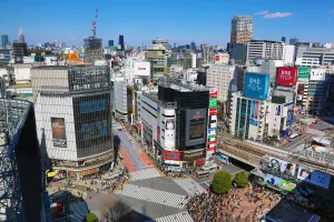 Aerial view of the Shibuya pedestrian crossing in Shibuya, Tokyo, Japan