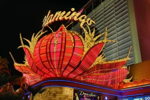 Neon lights of the Flamingo Hotel and Casino at night, Las Vegas, Nevada, America Neon lights of the Flamingo Hotel and Casino at night, Las Vegas, Nevada, America