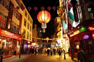 Red lanterns in Chinatown street scene at night