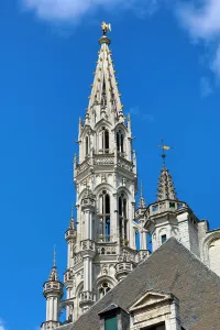 Tower and spire of the Town Hall in the Grand Place or Grote Markt, Brussels, Belgium Tower and spire of the Town Hall in the Grand Place or Grote Markt, Brussels, Belgium