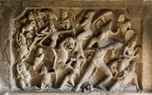 A bas relief carving in granite at Mamallapuram in Tamil Nadu, India