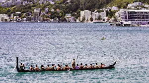 A Maori canoe in the harbour at Wellington, New Zealand