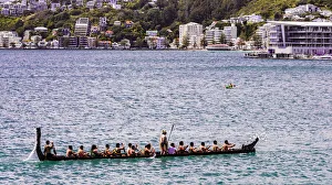 A Maori canoe in the harbour at Wellington, New Zealand A Maori canoe in the harbour at Wellington, New Zealand