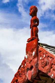 A wooden Maori carving at the Waitangi Treaty Grounds, Paihai in Northland, New Zealand