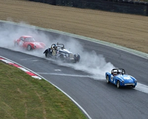 <b class=qtipBold><figcaption>CM9 3129 A trio through the dust</figcaption></b><br>Through the dust, Paul Tooms, Turner MkIII, GFK 11, Kevin Kivlochan, Morgan Plus 8, SOC 1, Patrick Ward Booth, Ginetta G4, Historic Roadsports, Fiscar Intermarque Chalenge, HSCC Super Prix Brands Hatch 2015, 2015, Autosport, Brands Hatch, cars, circuit racing, classic cars, classic motor sport, Classic Racing, England, Historic Racing, Historic Sports Car Club, HSCC, HSCC Super Prix 11/12 July 2015, HSCC Super Prix July 2015, Kent, motor sport, nostalgia, racing, racing cars, speed<br><em>© ©2015 Chris McEvoy, all rights reserved, www.cjm-photography.co.uk</em> CM9 3129 A trio through the dust