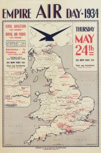 <b class=qtipBold><figcaption>Empire Air Day Poster</figcaption></b><br>Poster, Empire Air Day 1934, organised by the Air League of the British Empire. A civil aviation and RAF "at home". With a map of UK showing where the events are taking place. May 1934<br><em>© Copyright Mary Evans Picture Library 2008</em> Empire Air Day Poster