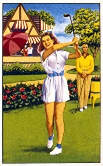 Golfing scene with female golfer in white shorts