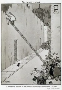 <b class=qtipBold><figcaption>Superstitions</figcaption></b><br>"An interesting instance of the popular aversion to walking under a ladder". A group of superstitious pedestrians find themselves in a bit of a scrum as they attempt to squeeze through the smallest gap left by a painter's ladder on the pavement. Please note: Credit must appear as Courtesy of the Estate of Mrs J.C.Robinson/Pollinger Ltd/ILN/Mary Evans 1920<br><em>© Copyright Mary Evans Picture Library 2008</em> Superstitions