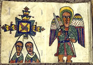 19th century Ethiopian manuscript showing angel with a sword (right) and two male figures 19th century Ethiopian manuscript showing angel with a sword (right) and two male figures