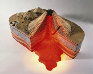 3D model of erupting volcano with cross-section illustrating underground rock and magma layers 3D model of erupting volcano with cross-section illustrating underground rock and magma layers