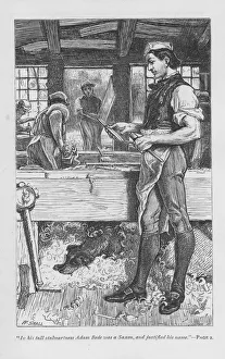 Adam Bede, the village carpenter, in the workshop, his dog Gyp on a pile of shavings Adam Bede, the village carpenter, in the workshop, his dog Gyp on a pile of shavings