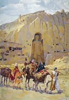 Images Dated 12th March 2014: Afghan nomad family in front of one of two Buddhas of Bamiyan, 1950, Painting