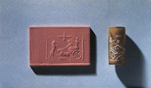 Agate cylinder seal of Darius I depicting king hunting lion from chariot and god Ahura Mazda Agate cylinder seal of Darius I depicting king hunting lion from chariot and god Ahura Mazda
