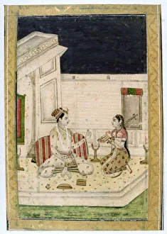Album of Ragamala. Dipaka (light) Raga: On a terrace lit by torches, a lover listens Album of Ragamala. Dipaka (light) Raga: On a terrace lit by torches, a lover listens