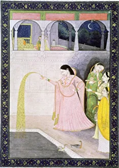 Album of Ragamala. Golden Rain. Women by pool. Crescent moon and stars in sky. 19th Album of Ragamala. Golden Rain. Women by pool. Crescent moon and stars in sky. 19th