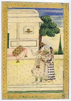 Album of Ragamala. A prince leads a young woman towards a divan. 19th century Indian Album of Ragamala. A prince leads a young woman towards a divan. 19th century Indian