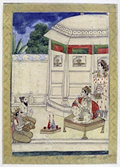 Album of Ragamala. A prince sits on the terrace of a pavilion listening to music played Album of Ragamala. A prince sits on the terrace of a pavilion listening to music played