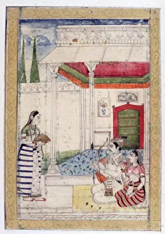 Album of Ragamala. Servant brings refreshment to lovers on terrace by pavilion. Bow Album of Ragamala. Servant brings refreshment to lovers on terrace by pavilion. Bow