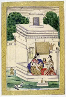Album of Ragamala. Young woman with a portrait of her absent lover. Servant holds Album of Ragamala. Young woman with a portrait of her absent lover. Servant holds